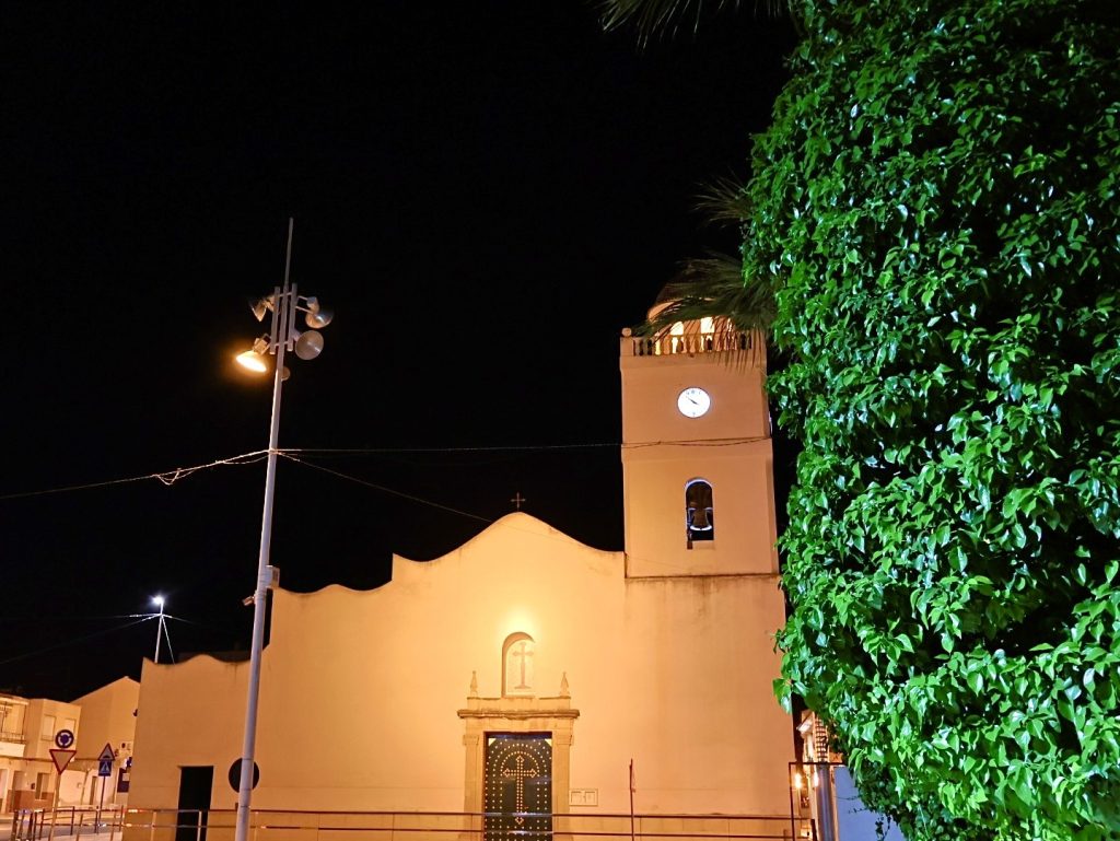 Local church lit up at night