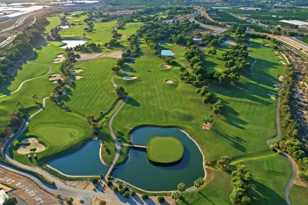 Aerial view of the island green at Lo Romero Golf